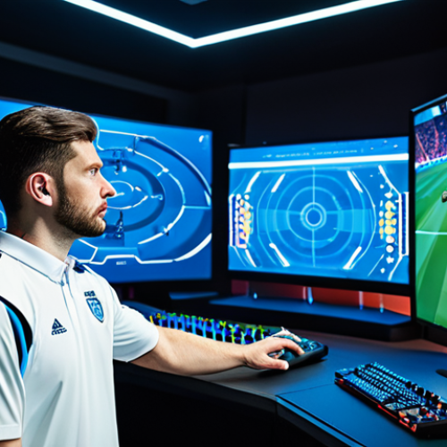 A focused male professional gamer, wearing a modest esports jersey and professional dress, stands in a futuristic, well-lit gaming studio. He is intently observing a large, transparent holographic tactical display that shows dynamic football formations and complex data visualizations, symbolizing evolving game meta and strategic adaptation. The environment is clean and professional. safe for work, appropriate content, fully clothed, professional, perfect anatomy, correct proportions, natural pose, well-formed hands, proper finger count, high-quality, ultra-detailed.