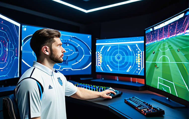 A focused male professional gamer, wearing a modest esports jersey and professional dress, stands in a futuristic, well-lit gaming studio. He is intently observing a large, transparent holographic tactical display that shows dynamic football formations and complex data visualizations, symbolizing evolving game meta and strategic adaptation. The environment is clean and professional. safe for work, appropriate content, fully clothed, professional, perfect anatomy, correct proportions, natural pose, well-formed hands, proper finger count, high-quality, ultra-detailed.